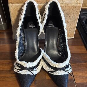 Jeffrey Campbell Black and Cream Heels with Bow Accent